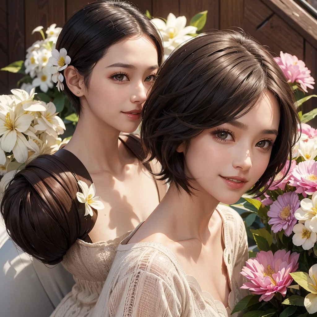 1 woman, super short hair like a man's, with the parting of the hair to the side, is coffee, Brown eyes, smiling, has a maternal aura, He is of medium build, she has a blouse with flowers, close up image for profile photo