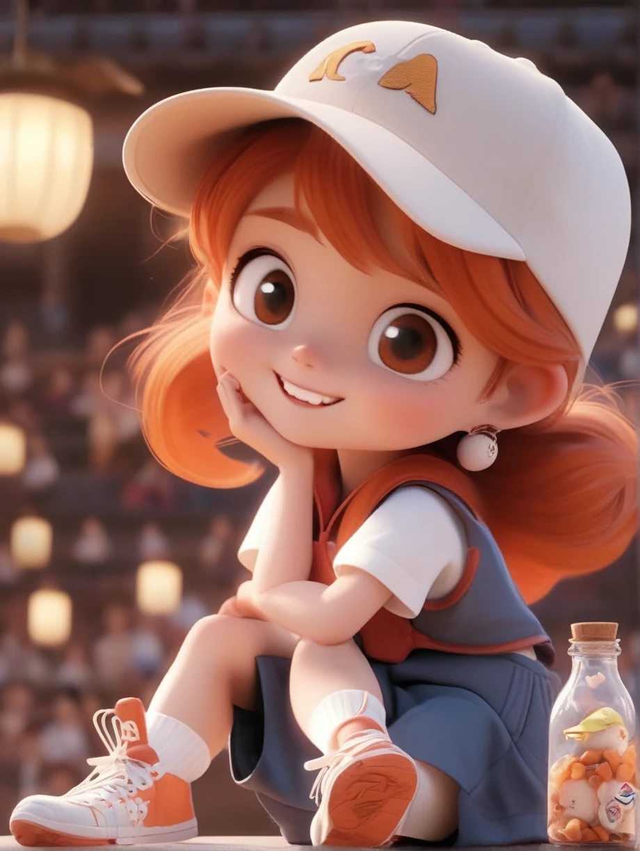Pixar style,MG_intellectual property,1 Girl,have,Solitary,Jewelry,sit,Baseball cap,earrings,shoe,shorts,Orange Hair,Long hair,Smile,shirt,运动shoe,白色shoe,Red Cliff,blush,sock,white shirt,bottle,Looking at the audience,Short sleeve,white sock,Vest,whole body,Shut up,