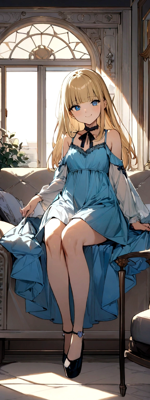 1 Female, alone, Young girl, , Straight Blonde Hair, Blunt bangs, blue eyes, (smile), (masterpiece, Highest quality:1.2) Delicate illustrations, Super detailed, Medium chest, sit、((Full Body Shot)), (Light blue dress), living room