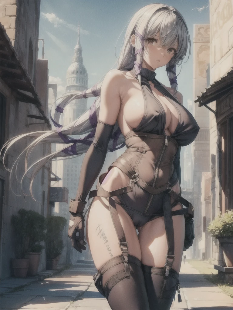(masterpiece, highest quality, Perfect Anatomy, Fabric Shading, Glowing Skin, Detailed skin,) BREAK,
(clair lasbard, long ponytail,long ponytail, hair ribbon, striped scarf. large breasts, Cleavage), BREAK,
((highleg:1.4),(shiny clothes:1.2), bare shoulders, elbow gloves,(skin tight:1.3), thighhighs, (cameltoe:1.4), (clothes unzipped:1.5),(half undress:1.4),(halter-shoulder:1.4),(open clothes:1.3),(under boob:1.3)) BREAK,
(running, dynamic pose:1.2)BREAK,
Snowfield, ruins background, outdoors, BREAK