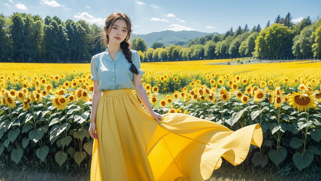(((best quality))), (((ultra detailed))), (((masterpiece))), illustration, a picturesque scene of a beautiful Ukrainian girl standing amidst a field of sunflowers, short braided blonde hair, ((vibrant blue shirt,Maxi bright yellow skirt)),((standing,arms behind back,from front,upper body)),complementary attire, horizon as backdrop, brilliant shade of clear blue sky, stark contrast with yellow flowers, sea of yellow sunflowers, girl's presence adds intimacy, striking features, sharp piercing eyes, warm kindness, subtle smile, gentle nature, simplicity of beauty, natural setting, yellow dress cascading to ankles, fluttering in gentle breeze, short braids tied with colorful ribbons, playfulness, beauty in simplicity, girl standing out against vivid backdrop, harmonious fusion of nature's splendor and human grace, viewer captivated by girl's beauty, serenity of sunflower field, invites imagination of tranquility, away from chaos of everyday life, reminder of inherent beauty in world around us, waiting to be discovered