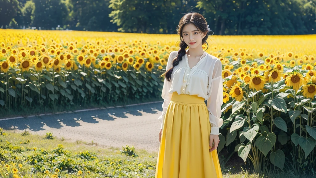 (((best quality))), (((ultra detailed))), (((masterpiece))), illustration, a picturesque scene of a beautiful Ukrainian girl standing amidst a field of sunflowers, short braided blonde hair, ((vibrant blue shirt,Maxi bright yellow skirt)),((standing,arms behind back,from front,upper body)),complementary attire, horizon as backdrop, brilliant shade of clear blue sky, stark contrast with yellow flowers, sea of yellow sunflowers, girl's presence adds intimacy, striking features, sharp piercing eyes, warm kindness, subtle smile, gentle nature, simplicity of beauty, natural setting, yellow dress cascading to ankles, fluttering in gentle breeze, short braids tied with colorful ribbons, playfulness, beauty in simplicity, girl standing out against vivid backdrop, harmonious fusion of nature's splendor and human grace, viewer captivated by girl's beauty, serenity of sunflower field, invites imagination of tranquility, away from chaos of everyday life, reminder of inherent beauty in world around us, waiting to be discovered