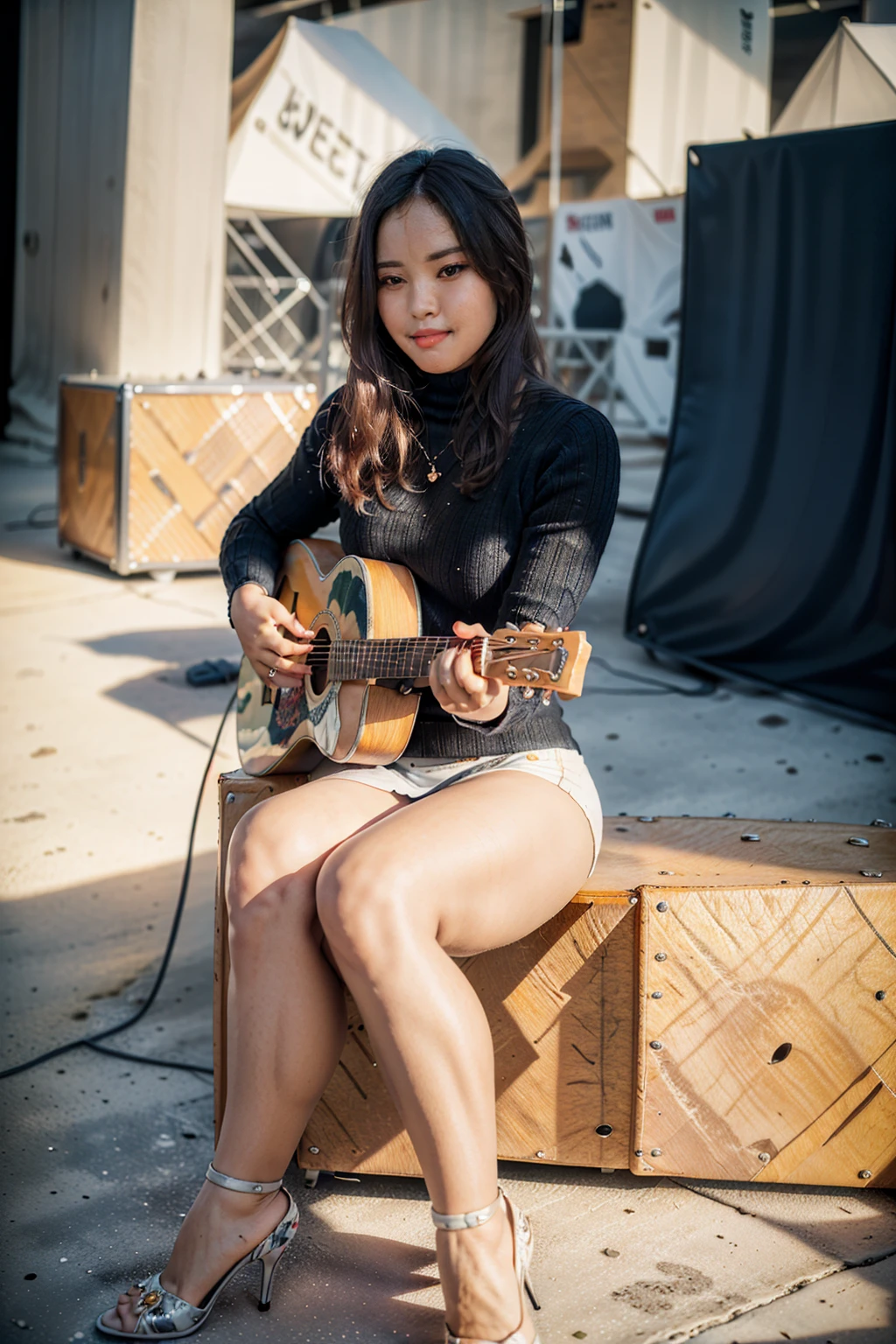 masterpiece, best quality, ultra detailed, high resolution, 1 girl, ((pretty lady MoonLay)), Burmese girl, ((pretty lady MoonLay's seductive sweet face with sweet smile:1.2)), ((playing guitar with sweet pose:1.6)), ((electric guitar)), ((big stage background:1.5)), (((background blur to highlight character:1.4))), golden hour setting, 8k, (black sweater turtleneck tight blouse), ((white ink flowers pattern printed on black mini tight skirt:1.2)), ((sitting and elegantly leg-crossed and knee over knee pose:1.5)), (stiletto high heel), ((full body view:1.6)), (vibrant HDR lighting),