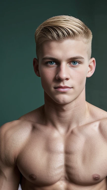 Young white man,   , blonde hair, military haircut, karate , fixed green eyes, sharp features, no facial or body hair, height 1.80 , weight 80 kg, muscular aesthetic build , six pack  , broad shoulders, wide back ,V-shaped body , perfil view, 