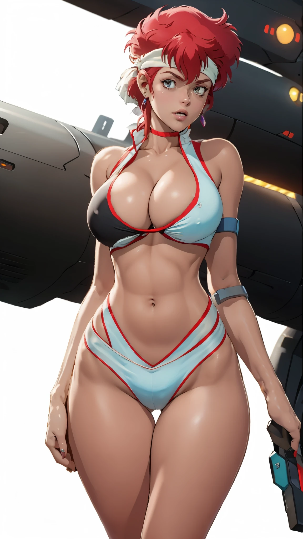 ((Masterpiece, highest quality; 1.3)), super quality, beautiful detail, super detailed, extra fine, 16K, exquisite, absurd, high resolution, beautiful background, detailed background, beautiful eyes, beautiful skin, anime style, Kay from Dirty Pair in a white outfit, tight outfit, cleavage, bushy redhead beauty, very light blue uniform, wearing tight clothes, skimpy, (mid chest: 1.2), cleavage, cleavage, slim waist , thin waist, slim thighs, thin legs, slim legs. thigh gap, showing stomach, skinny, thin hips, cyberpunk city background, holding retro space gun , headband, 