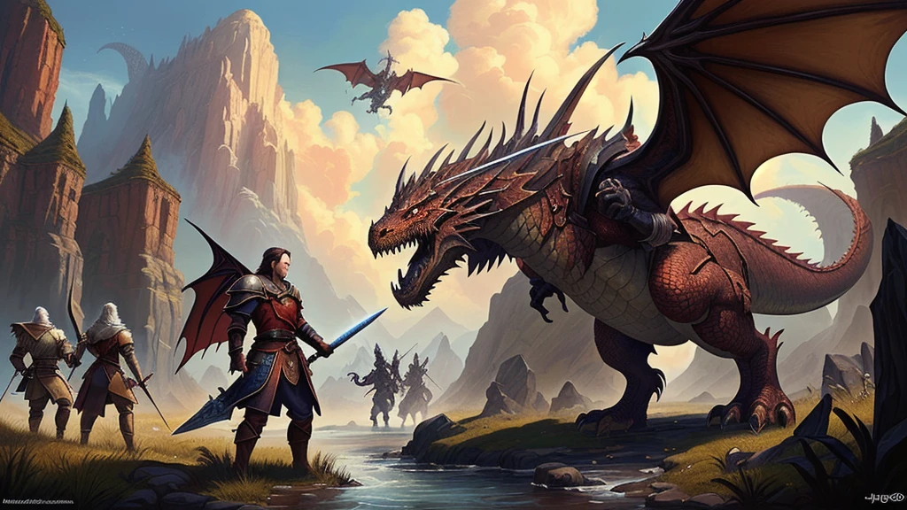 4k Resolution,a group of people(High Detailed face,body),standing around a dragon with a sword, d & d fantasy digital art, game dungeons and dragons(High Detailed Wings,Skins), hyperrealistic d & d fantasy art, dungeons and dragons fantasy art, dungeons and dragons artwork, d & d fantasy art, epic fantasy game art, dungeons and dragon, d & d dragon age warcraft, battle with dragon, fantasy game art