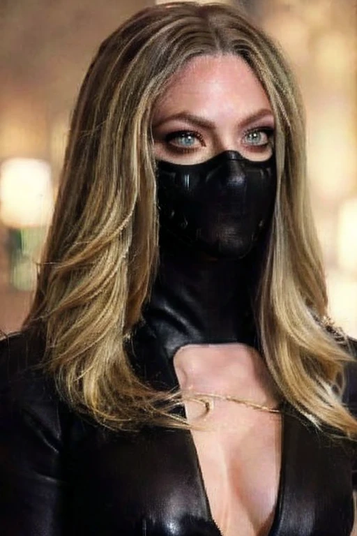 ((Masked)) Amanda Seyfried (arafed woman in leather pants on dark monochrome backdrop), (fine facial features), Tousled luxuriant hair, Supermodel, blonde wavy hair, High resolution, (Masterpiece, Best Quality, High Quality:1.4), Intricate Details, sharp focus, detailed photograph, photorealistic lighting, trending on pixiv, trending on ArtStation, (soft lighting, vibrant colors:1.05), stylish dress