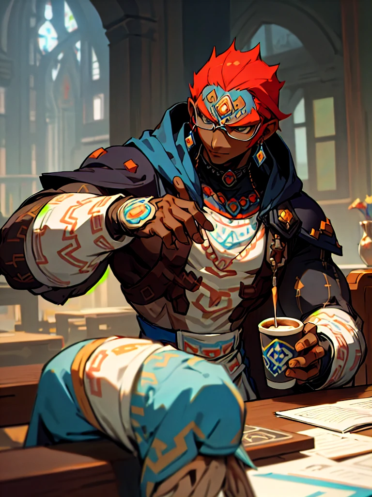 Masterpiece、Grey hoodie、Blue jeanuscular、Holding a cup of coffee in hand、Glasses、Ganondorf, dark skin