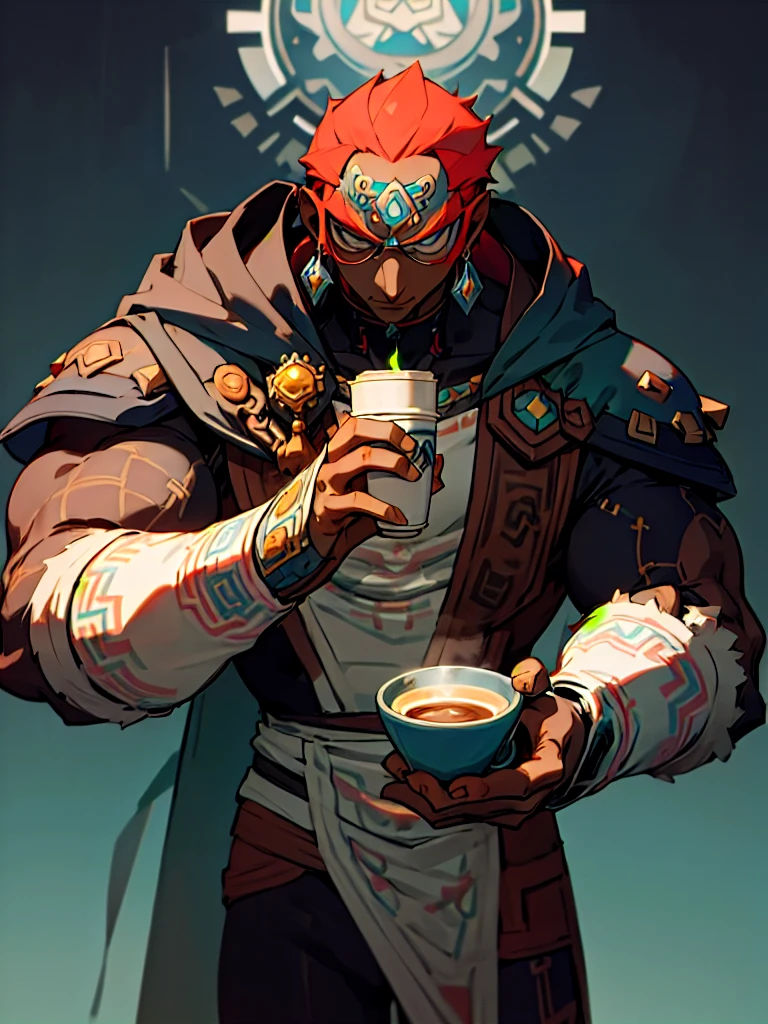 Masterpiece、Grey hoodie、Blue jeanuscular、Holding a cup of coffee in hand、Glasses、Ganondorf, dark skin