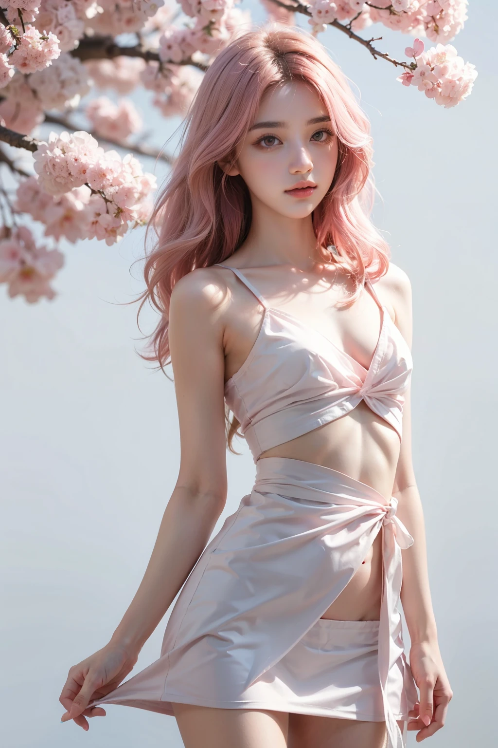 Light pink hair, pink eyes, pink and white, sakura leafs, vivid colors, white dress, paint splash, simple background, ray tracing, wavy hair,Small waist,Flat Chest,flat ass,Small hips,Small breasts,Beautiful nipples,Small Bust,The belly button and the surrounding area are exposed,beautiful girl,Korean beautiful girl dancer,