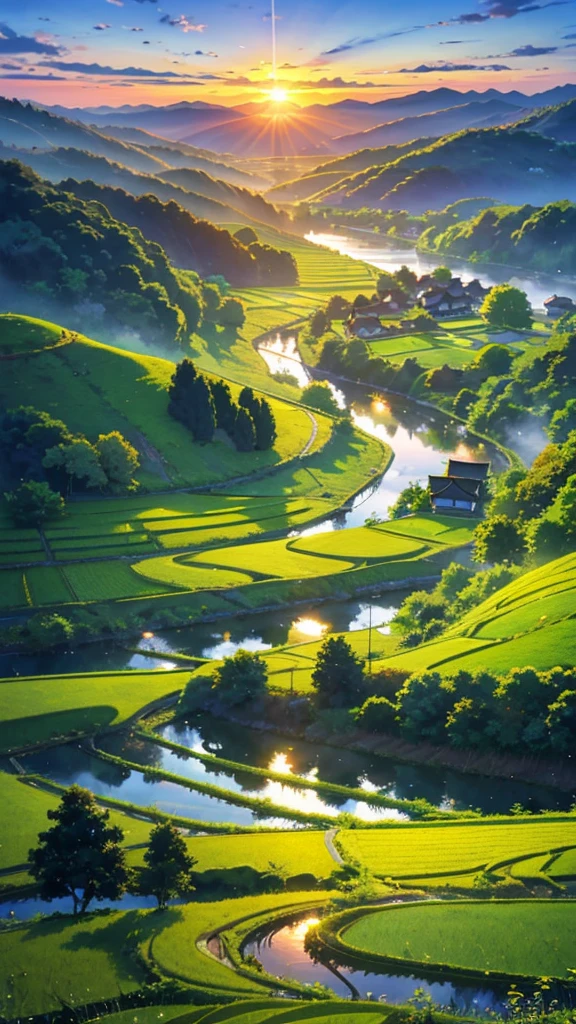 Sunrise countryside view of Japan, paddy fields,small streams, traditional Japanese houses, blue sky, hills, trees, landscape, nature view
