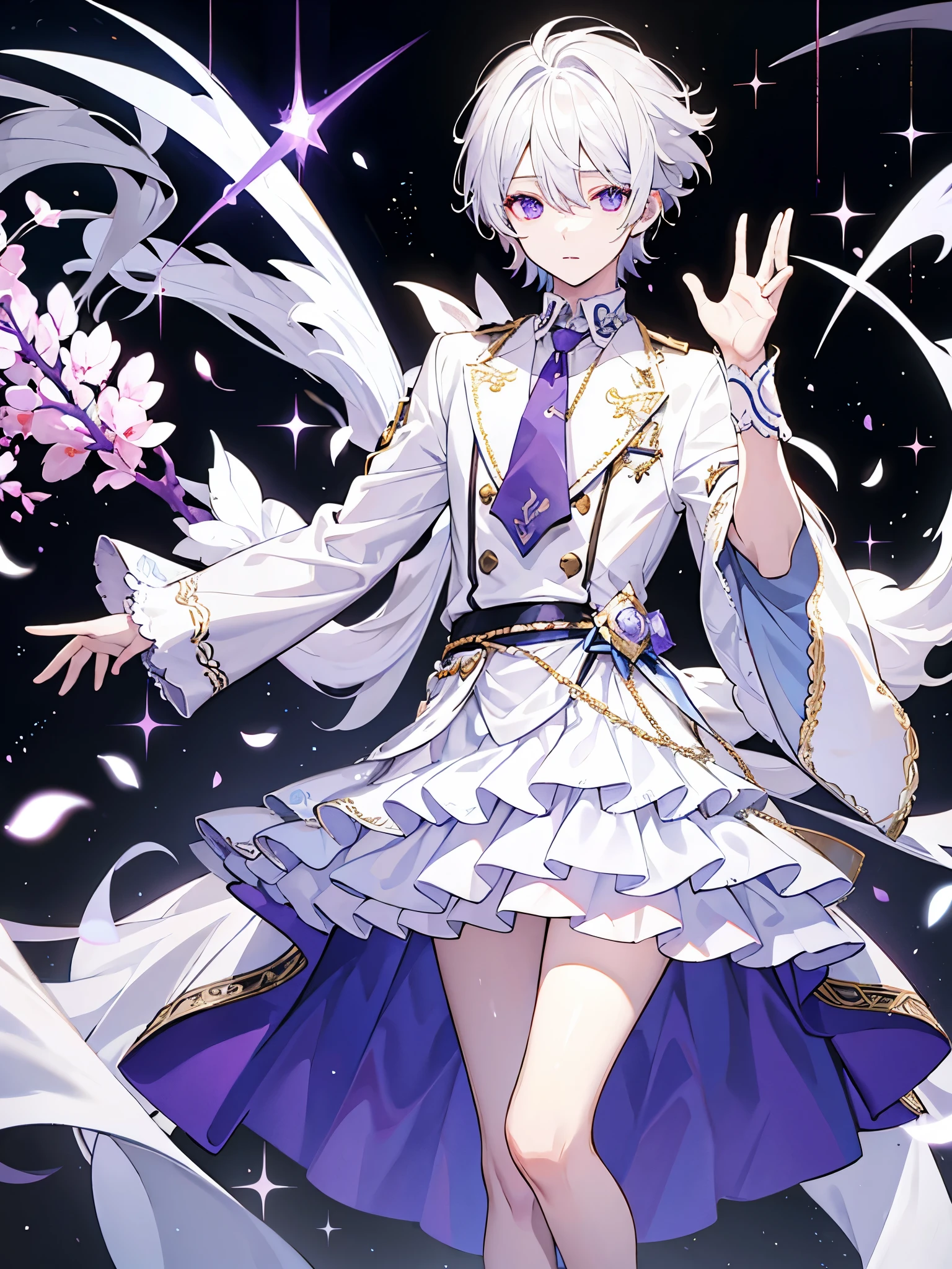 1boy, white hair, beautiful boy, purple eyes, dress, idol costume, white clothes, layered skirt, medium hair