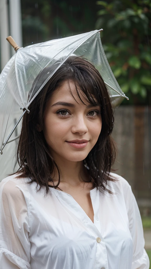 brunette with black almond eyes holding happily in the rain