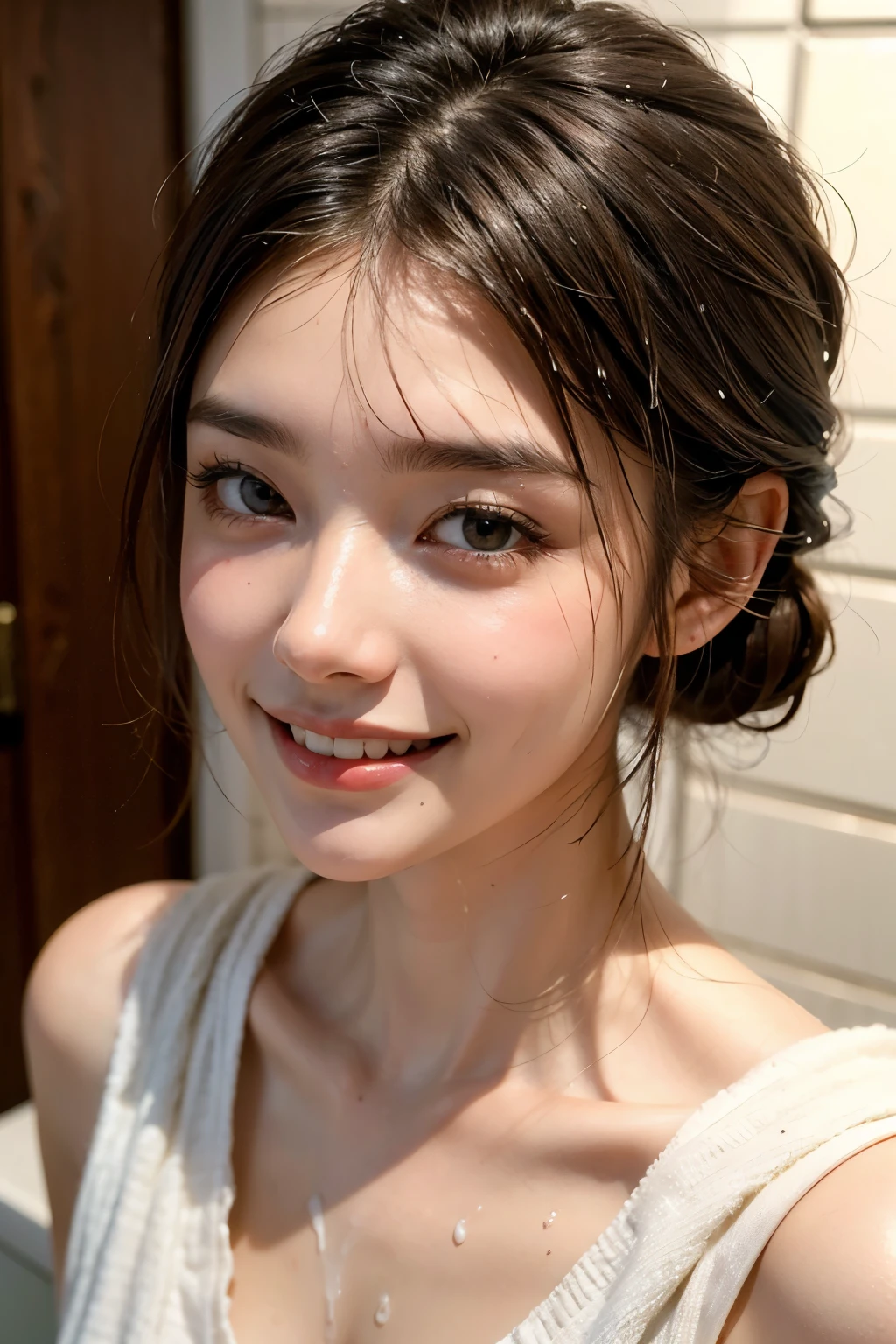 highest quality, masterpiece, ultra high resolution, (realistic:1.5), (close portrait) RAW photo, 1 girl, 22 years ago,super close up of face,Face in the mirror,super close-up photo,((The face is also wet)),((just out of the bath)),((With bath towels)),((wet hair)),facial moisturizing cream,Are you okay, beautiful skin,transparent skin,(smile),((smile showing teeth))masterpiece, realistic pictures, Korean beauty pictures, saturation, contrast, long hair chignon,