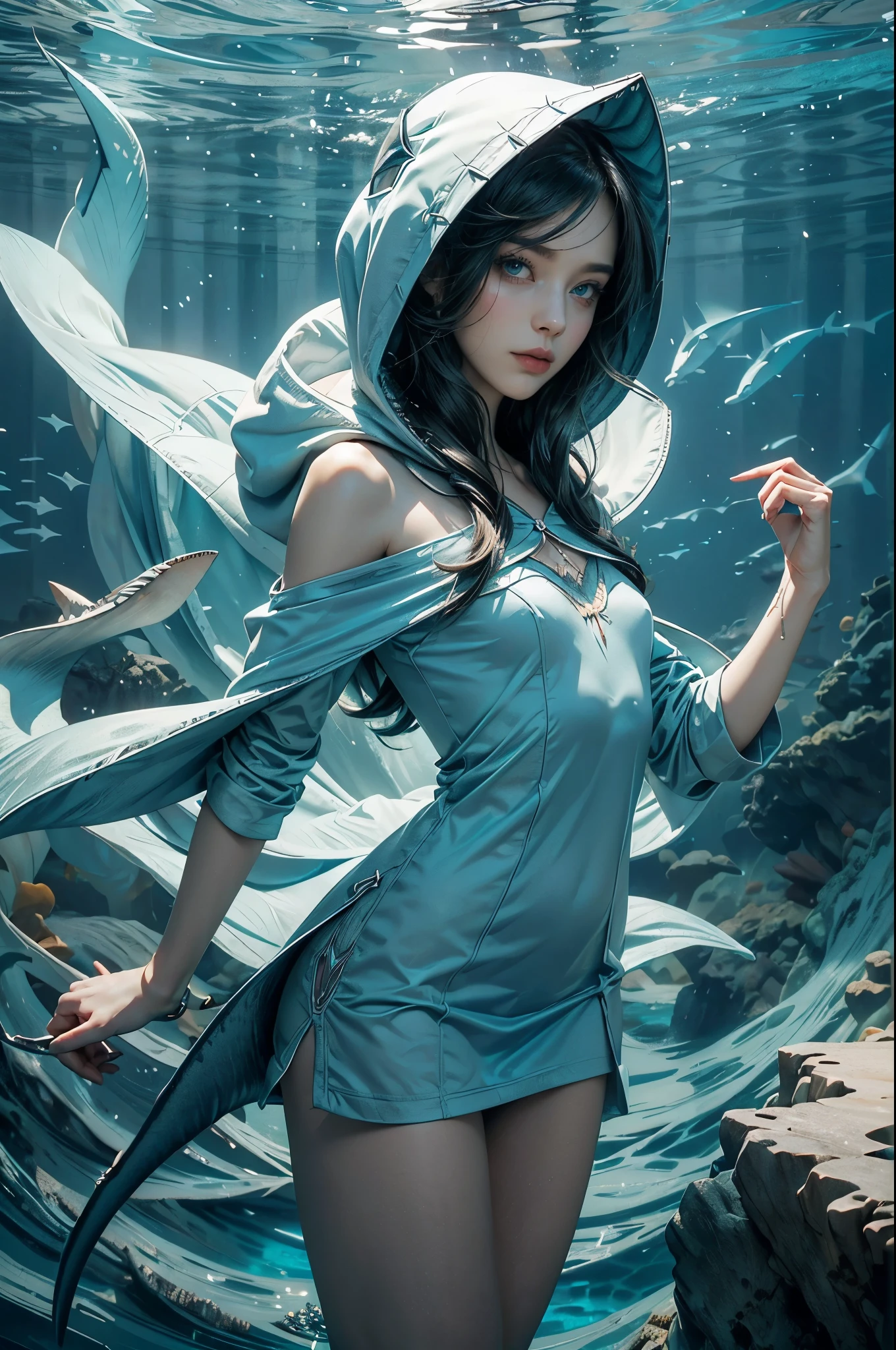 (((best quality))),(((ultra detailed))),(((masterpiece))),illustration,(1 beautiful girl,shark girl,solo),((slim,thin,small breasts,flat chest)),aquarium,summer night,(sleek shark-hooded shirt-dress:1.3),shimmering hues,enchanting aura,(shoulder length straight bob hair:1.2),ocean-blue locks,shiny seaweed,porcelain skin,neon lights,emerald eyes,sharp gaze,delicate shark fin,translucent membrane,dancing fish,vibrant colors,undulating water,salty scent,distant waves,coral reef,gentle shadows,serene ambiance,electric atmosphere,Alezandra,oceanic magic,allure,enchantment,vision,extraordinary presence