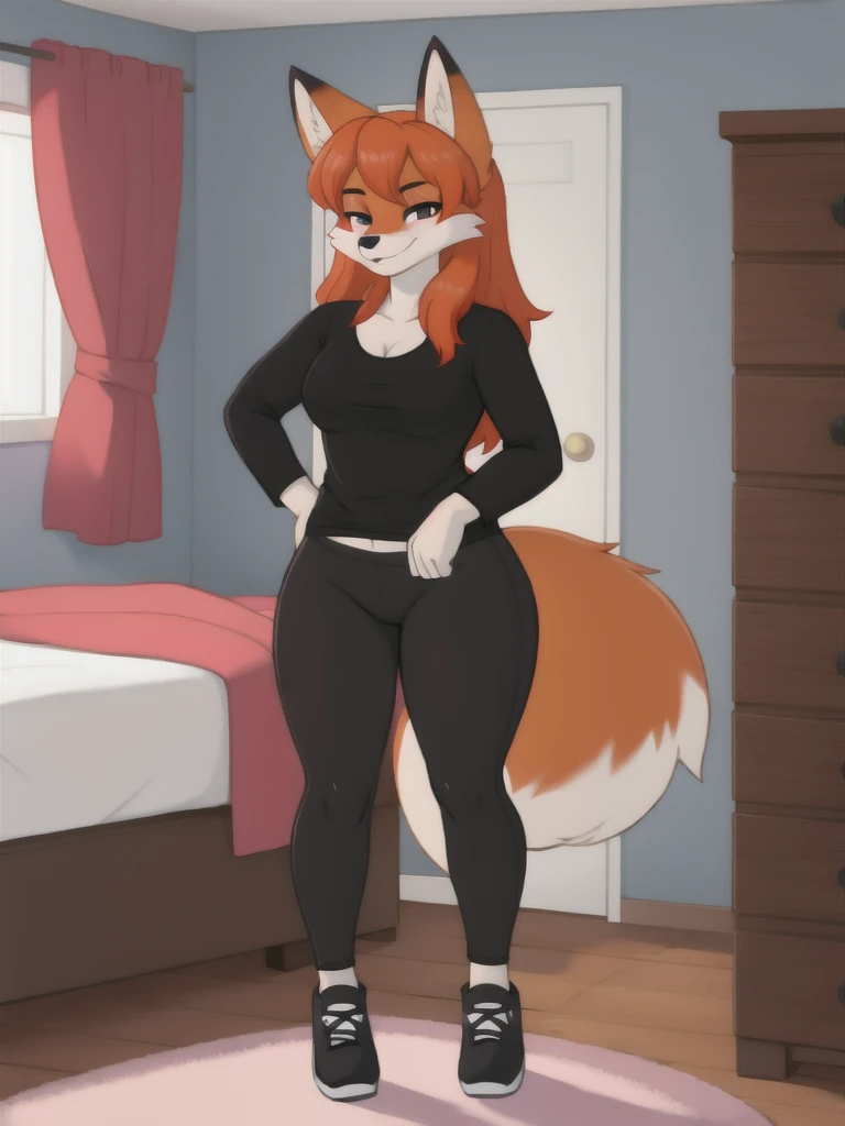 Furry, fox, female, black shirt, black leggings, shoes, bedroom, teen, standing, full body