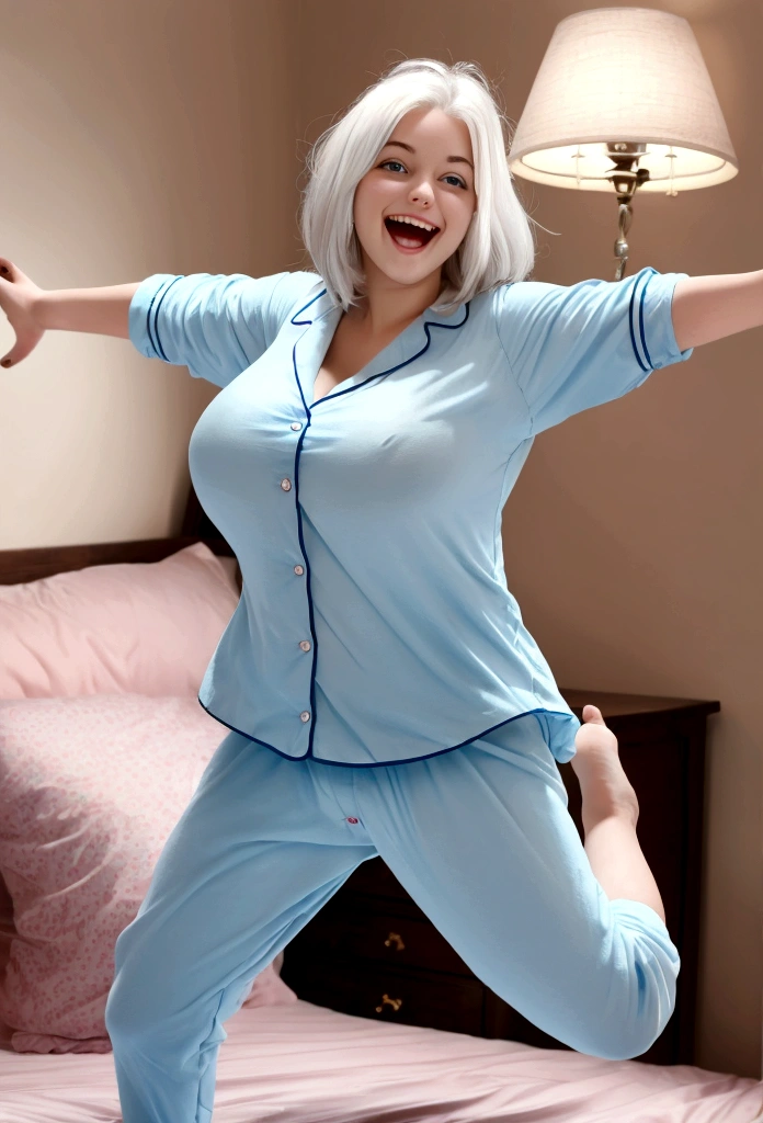 ager with big breasts, naked with pajamas, jumping on top of a bed, happy girl face, loose white hair, soft blue eyes, laughing
