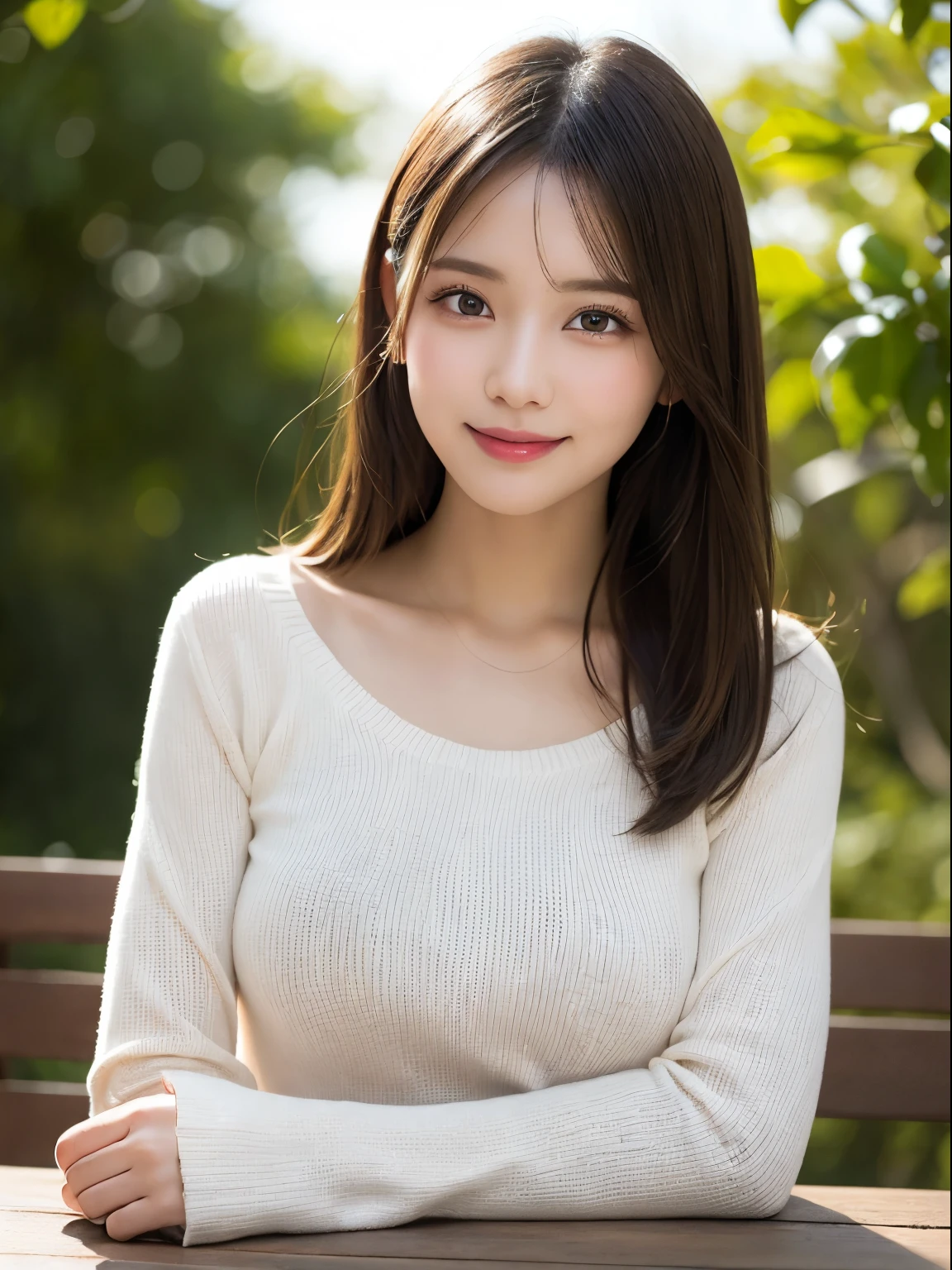 On the table, Highest quality, realism, Fine details, High resolution, 8k wallpaper, Perfect dynamic composition, Beautiful and delicate eyes, Medium Straight Hair, Casual and sexy pose,Random Situation、Light black tight knit sweater、(Beautiful breasts overflowing 1.3)、Bright smile、Bokeh、nature、Age 25、(Droopy Eyes 1.3)、Adult Beauty、Japanese