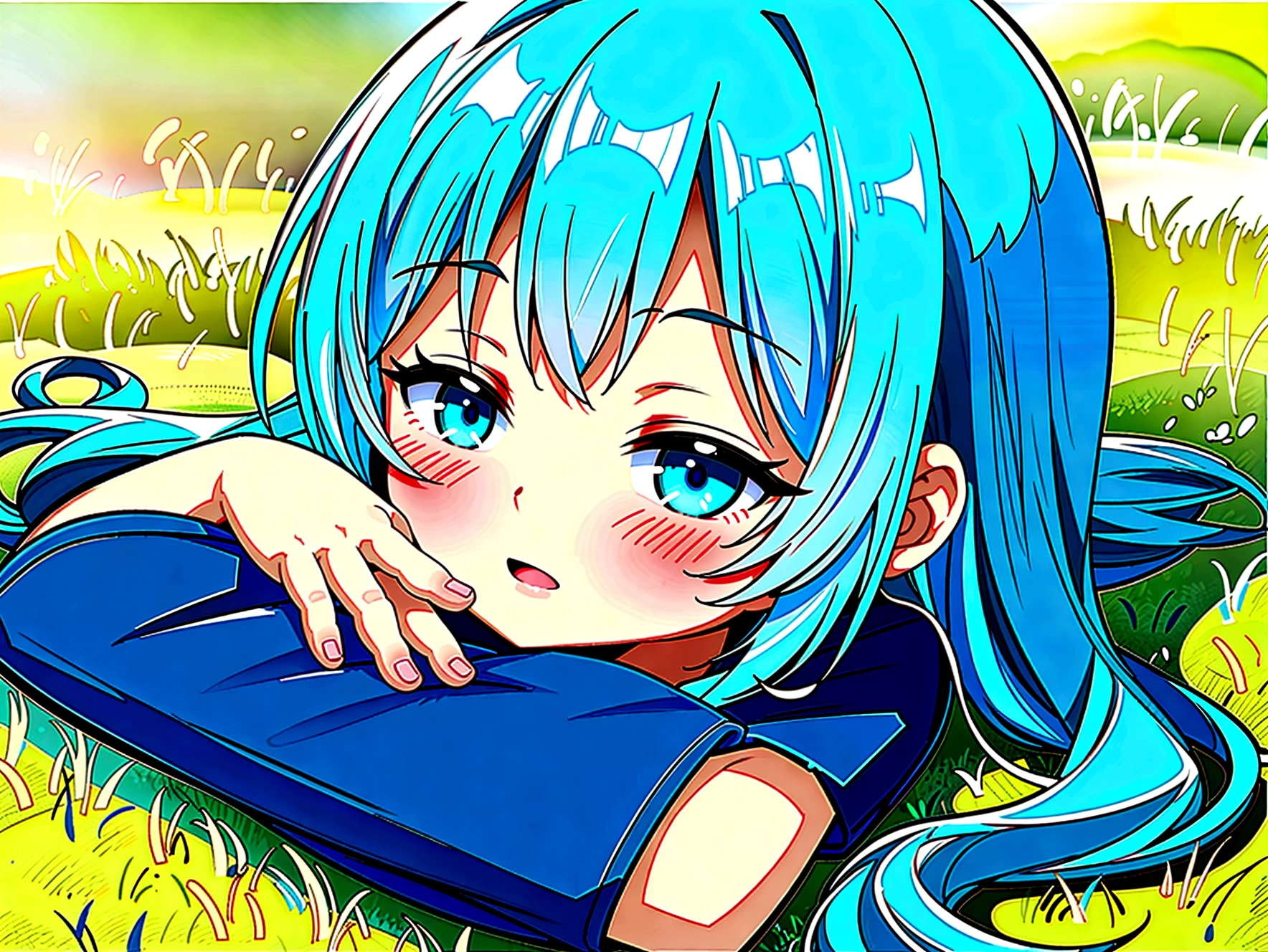 Blue Hair，1.3M，Girl，Close your eyes，Lie in the grass