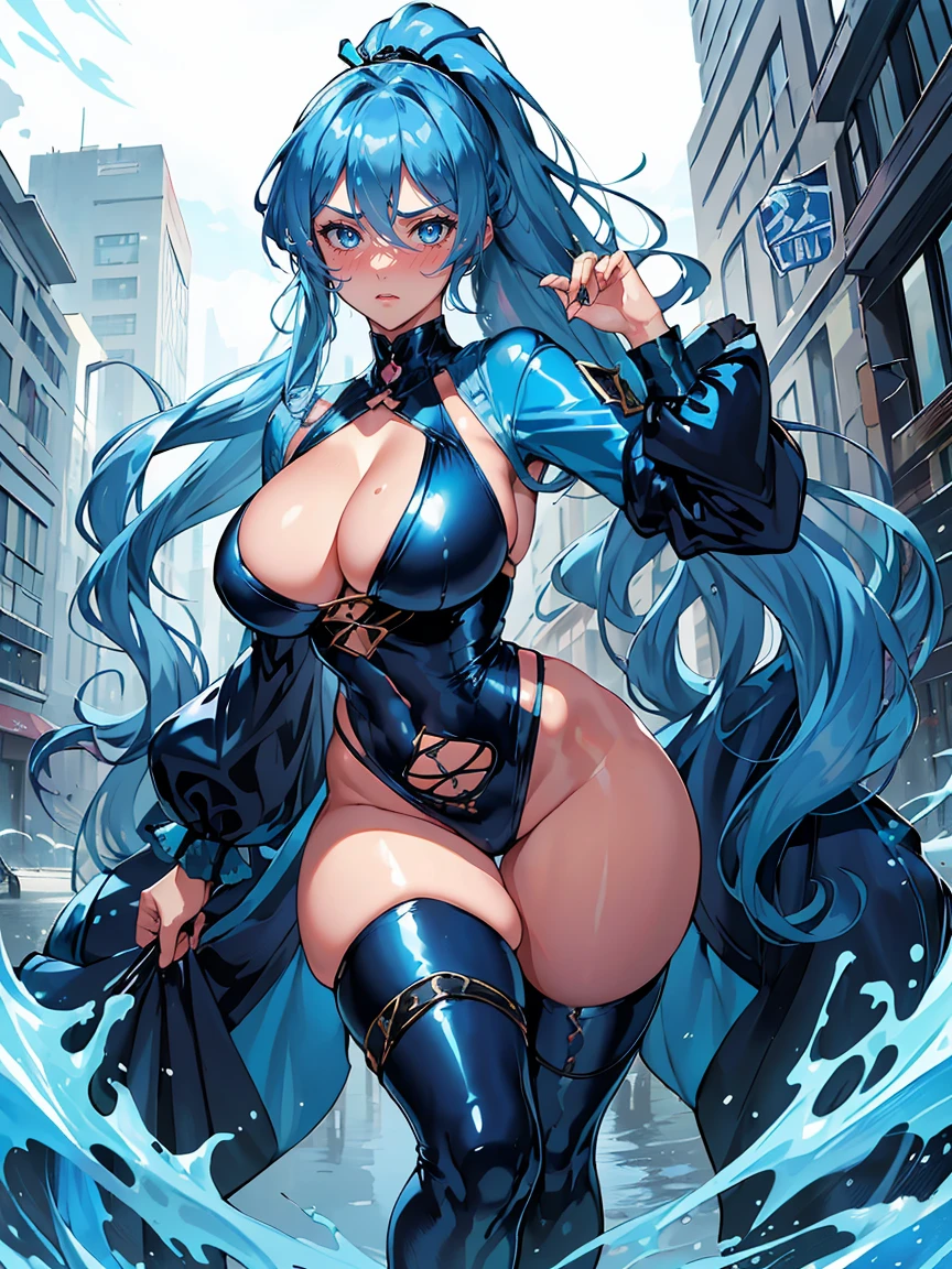 handsome older WOMAN,blue-eyes,blue pupils,Long blue hair,Hyperresolution,accuracy,Detailed rendering,(Subtle facial image)(Image of fine hair)(topquality)(Masterpieces of masters)(High degree of completeness)(A sense of atmosphere)tmasterpiece,Super detailed and super detailed(half-body portrait), long wavy blue hair, (((tHICK WAVY HAIR)))(((ANKLE LENGTH HAIR)))(((Blushing)))(((Huge breasts)))(((LARGER BREASTS))) large breasts, bigger breasts (((Bigger breasts))) (((Blushing))) (((Sakimichan))) (((blue hair))) (((Fierce expression))) (((Focused))) (((Hair in a long ponytail))) (((Ponytail))) (((Sexy latex outfit)))(((Elf ears)))(((Spotlight)))