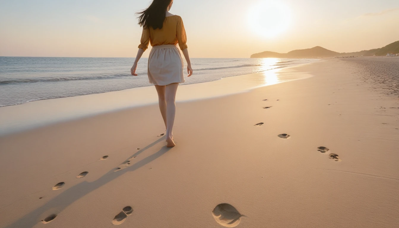 8K realistic lifelike photos, Realistic appearance of nature, , Woman walking along the beach at sunset. Walking in the distance with a wide angle lens , Back view of an Asian woman wearing a light skirt, burning sunset light, I see you walking far away, The cut head, footprints on the sand