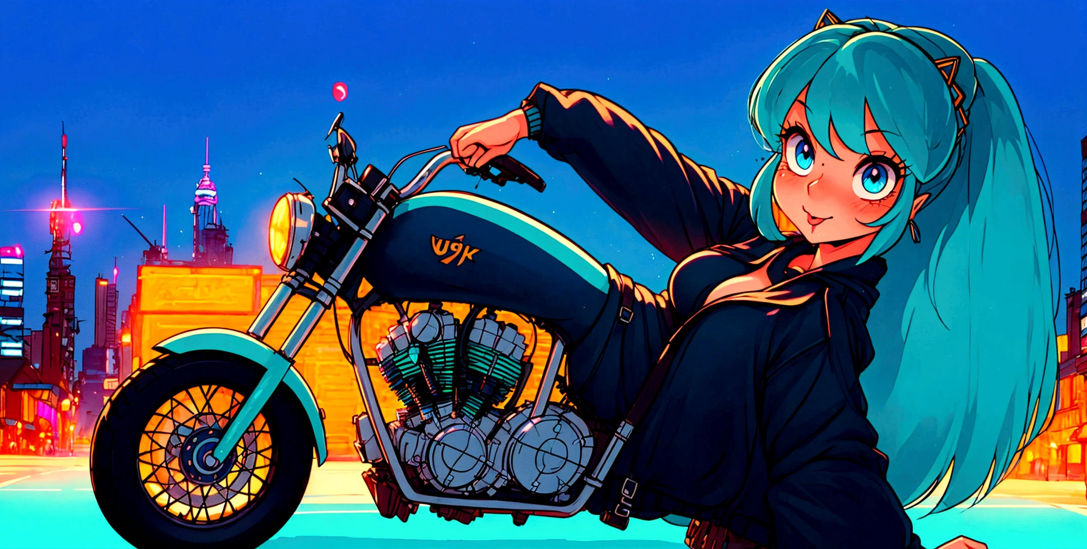 (score_9, score_8_up, score_7_up), lum, solo, long hair, bangs, blue hair, blue eyes, aqua hair, tiny horns, eyeshadow, large breasts, looking at viewer, blush, a person riding a motorcycle, no helmet, leather jacket, hair blowing in the wind, on an overpass, neon city lights, left hand on the handlebar, right hand holding a Chupa Chups lolly, (best quality,4k,8k,highres,masterpiece:1.2),ultra-detailed,detailed face and eyes, highly detailed, cinematic lighting, vibrant colors, dramatic atmosphere, motion blur, depth of field, a girl licking a Chupa Chups lolly, pleasure on her face, bliss, mischievous smirk, intricate detailed facial features, high quality, 8k, beautiful detailed eyes, beautiful detailed lips, extremely detailed face, long eyelashes, vibrant colors, warm lighting, cinematic composition, dreamy atmosphere, fantasy, whimsical, magical realism, close-up motorcycle, from side, (full body),