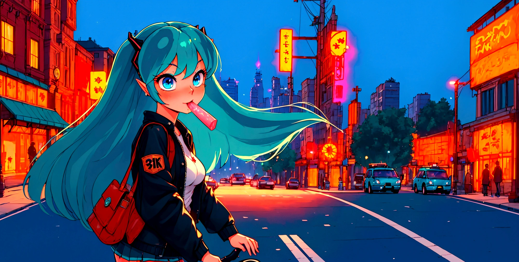 (score_9, score_8_up, score_7_up), lum, solo, long hair, bangs, blue hair, blue eyes, aqua hair, tiny horns, eyeshadow, large breasts, looking at viewer, blush, a person riding a motorcycle, no helmet, leather jacket, hair blowing in the wind, on an overpass, neon city lights, left hand on the handlebar, right hand holding a Chupa Chups lolly, (best quality,4k,8k,highres,masterpiece:1.2),ultra-detailed,detailed face and eyes, highly detailed, cinematic lighting, vibrant colors, dramatic atmosphere, motion blur, depth of field, a girl licking a Chupa Chups lolly, pleasure on her face, bliss, mischievous smirk, intricate detailed facial features, high quality, 8k, beautiful detailed eyes, beautiful detailed lips, extremely detailed face, long eyelashes, vibrant colors, warm lighting, cinematic composition, dreamy atmosphere, fantasy, whimsical, magical realism, close-up motorcycle, from side, (full body),