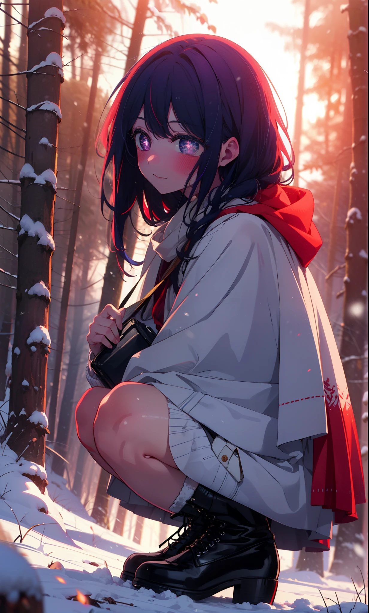 aihoshino, Ai Hoshino, Long Hair, bangs, (Purple eyes:1.1), Purple Hair, (Symbol-shaped pupil:1.5), smile,,smile,blush,White Breath,
Open your mouth,snow,Ground bonfire, Outdoor, boots, snowing, From the side, wood, suitcase, Cape, Blurred, , forest, White handbag, nature, Squat, Mouth closed, Cape, winter, Written boundary depth, Black shoes, red Cape break looking at viewer, Upper Body, whole body, break Outdoor, forest, nature, break (masterpiece:1.2), Highest quality, High resolution, unity 8k wallpaper, (shape:0.8), (Beautiful and beautiful eyes:1.6), Highly detailed face, Perfect lighting, Extremely detailed CG, (Perfect hands, Perfect Anatomy),