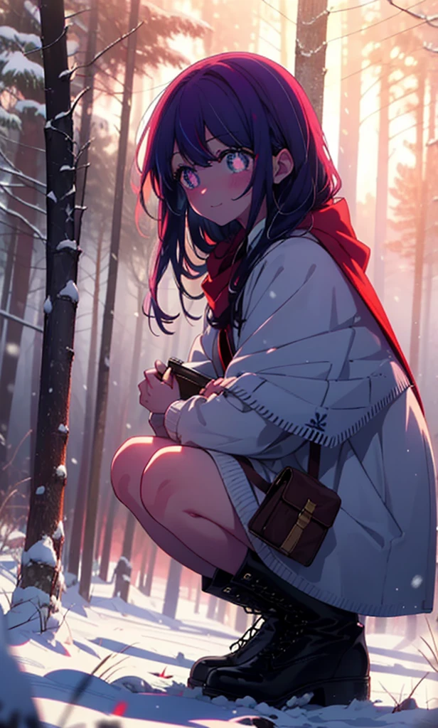 aihoshino, Ai Hoshino, Long Hair, bangs, (Purple eyes:1.1), Purple Hair, (Symbol-shaped pupil:1.5), smile,,smile,blush,White Breath,
Open your mouth,snow,Ground bonfire, Outdoor, boots, snowing, From the side, wood, suitcase, Cape, Blurred, , forest, White handbag, nature, Squat, Mouth closed, Cape, winter, Written boundary depth, Black shoes, red Cape break looking at viewer, Upper Body, whole body, break Outdoor, forest, nature, break (masterpiece:1.2), Highest quality, High resolution, unity 8k wallpaper, (shape:0.8), (Beautiful and beautiful eyes:1.6), Highly detailed face, Perfect lighting, Extremely detailed CG, (Perfect hands, Perfect Anatomy),