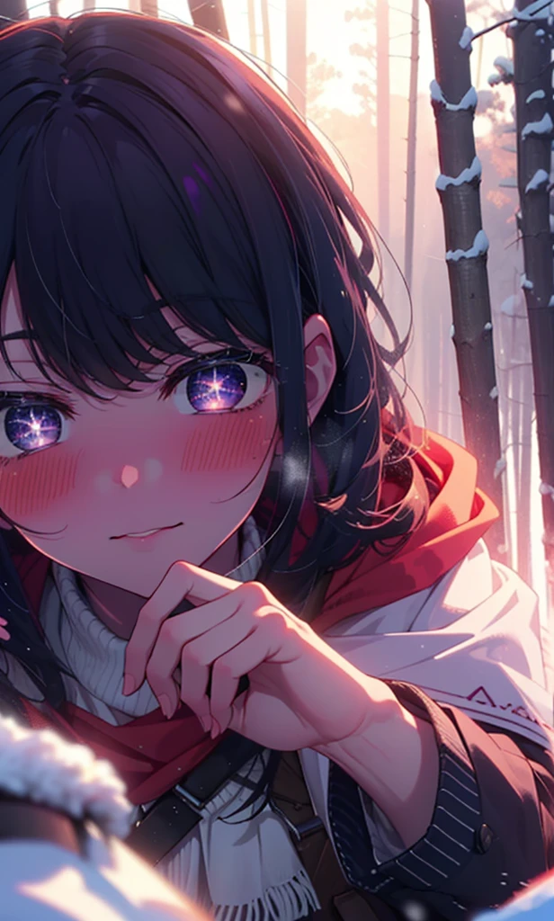 aihoshino, Ai Hoshino, Long Hair, bangs, (Purple eyes:1.1), Purple Hair, (Symbol-shaped pupil:1.5), smile,,smile,blush,White Breath,
Open your mouth,snow,Ground bonfire, Outdoor, boots, snowing, From the side, wood, suitcase, Cape, Blurred, , forest, White handbag, nature,  Squat, Mouth closed, Cape, winter, Written boundary depth, Black shoes, red Cape break looking at viewer, Upper Body, whole body, break Outdoor, forest, nature, break (masterpiece:1.2), Highest quality, High resolution, unity 8k wallpaper, (shape:0.8), (Beautiful and beautiful eyes:1.6), Highly detailed face, Perfect lighting, Extremely detailed CG, (Perfect hands, Perfect Anatomy),