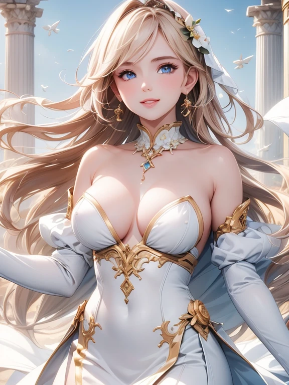 (Highest quality,Super detailed,High resolution,masterpiece,8K),Bright and vibrant colors,Official artwork,Greek white costume,Stylish makeup,Mid-length, shiny blonde hair fluttering in the wind,Captivating eyes,Beautiful Blue Eyes、Glossy Lips,Beautiful woman with ample breasts,Beautiful neck line, Holding,Captivating smile,whole body,,Old Temple,flower,Detailed CG,