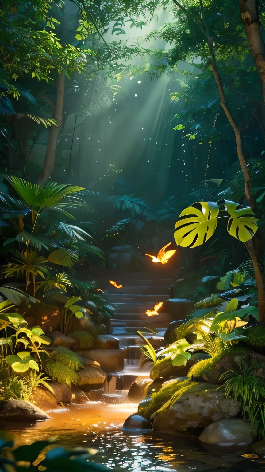 masterpiece, Highest quality, (Very detailed CG Unity 8K wallpaper), (Highest quality), (Best illustrations), (Best Shadow), Glow Sprite, With the glowing deer, drinking water in the pool, Element of nature in the forest theme. Mysterious Forest, Beautiful Forest, nature, Surrounded by flowers, delicate leaf and branches surrounded by fire Fly (Element of nature), (Jungle theme), (leaf), (Twig), (fire Fly), (Particle Effects) wait. 3d , Octane Rendering, Ray Tracing, Very detailed