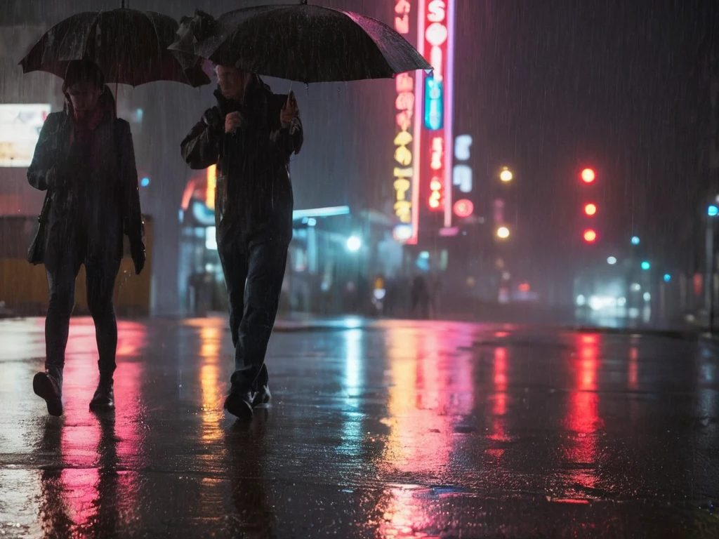 (Rain-soaked street at night:1.3), pedestrians with umbrellas, (reflected neon lights:1.2), steam rising from manhole, construction signage, wet asphalt, urban atmosphere, (cinematic tone:1.2), dynamic composition, (ambient streetlights:1.1), silhouetted figures, city life in motion, moody ambiance, Nikon D850, 1/160s, f/2.8, ISO 3200, telephoto lens, depth of field, (cool color palette:1.1), raindrop effects, evocative of film noir,