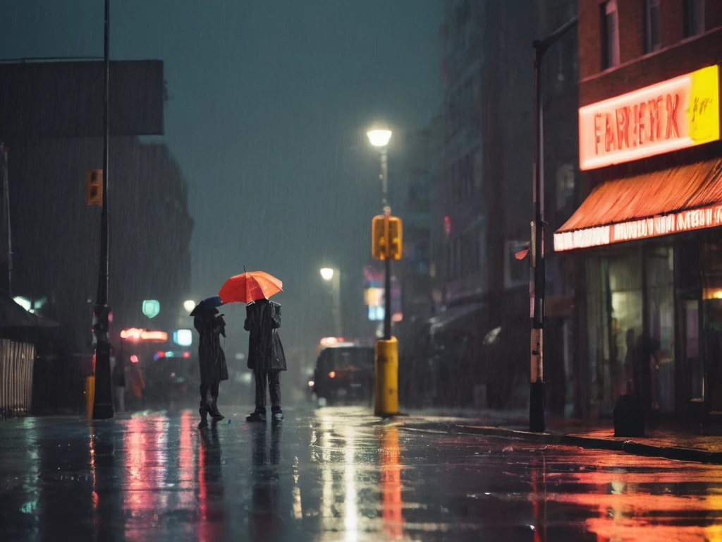 (Rain-soaked street at night:1.3), pedestrians with umbrellas, (reflected neon lights:1.2), steam rising from manhole, construction signage, wet asphalt, urban atmosphere, (cinematic tone:1.2), dynamic composition, (ambient streetlights:1.1), silhouetted figures, city life in motion, moody ambiance, Nikon D850, 1/160s, f/2.8, ISO 3200, telephoto lens, depth of field, (cool color palette:1.1), raindrop effects, evocative of film noir,