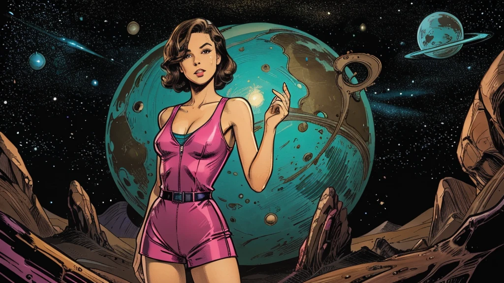 a cute, slender, aerobics instructor, very short STRAIGHT brown hair, very short STRAIGHT brown hair, very short STRAIGHT brown hair, very short STRAIGHT brown hair, very short STRAIGHT brown hair, brown eyes, dimples, sexy pose; wearing a tight coverall, in an alien environment, space, planets, spaceships, creatures, tentacles, retro comics 1950s, neon colors, lots of bright popping colors, bright, contrasting colors