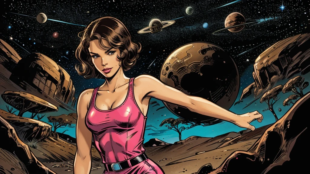 a cute, slender, aerobics instructor, very short STRAIGHT brown hair, very short STRAIGHT brown hair, very short STRAIGHT brown hair, very short STRAIGHT brown hair, very short STRAIGHT brown hair, brown eyes, dimples, sexy pose; wearing a tight coverall, in an alien environment, space, planets, spaceships, creatures, tentacles, retro comics 1950s, neon colors, lots of bright popping colors, bright, contrasting colors