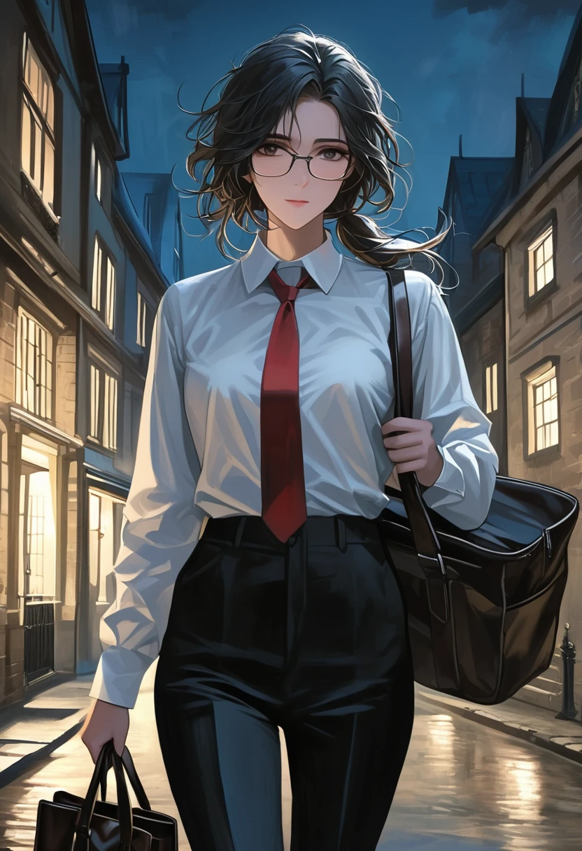 ((adult)), (woman), ((tall)), Moses from distortion detective, masterpiece, best quality, dark aura, black hair with white strips, ((pony tail hair)), (messy hair) , ringed dark eyes, glasses, plain white shirt, white shirt, red necktie, black pants, carrying a robust leather bag, (faint smile), realistic anime style, (oil painting), dark old manor background, night, impasto.
