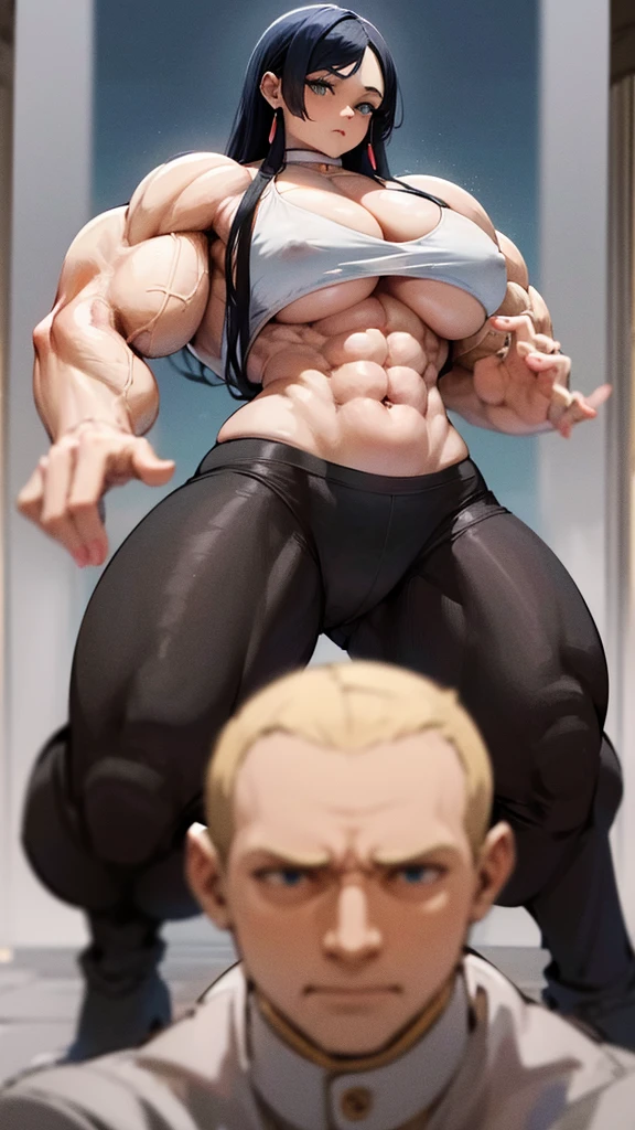 Woman in black bikini and small man in white shirt, weak and small man, thin and small physique, Very beauthful. , ,weak and defenseless man, small physique, , muscular ultraviolent woman, muscular and scary, absurdly huge physique, big muscles, extremely muscular woman, woman stepping on man, small man being stepped on by woman,