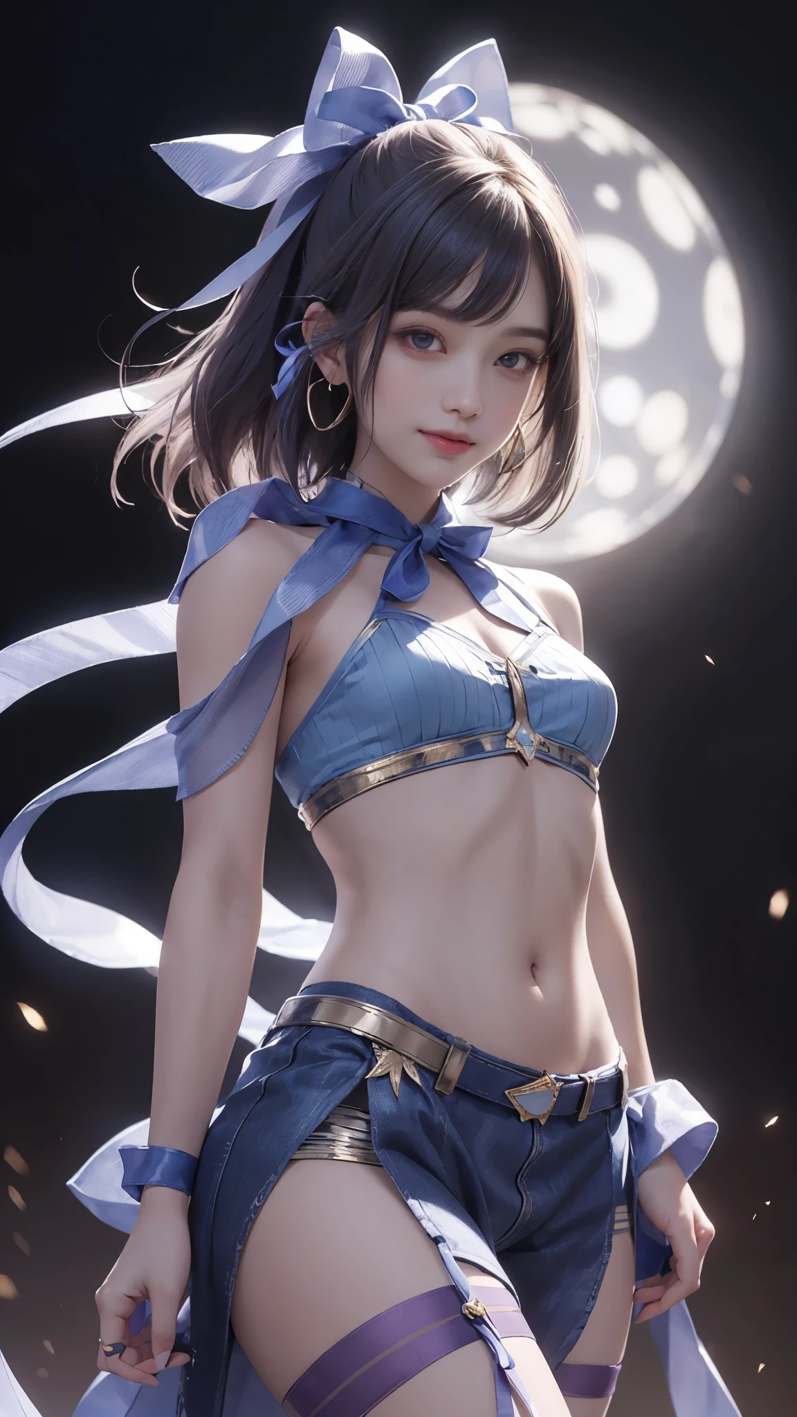 (ultra-realistic realism), (illustratio), (A high resolution), (8K), (The is very detailed), (Best Illustration), (Beautifully detailed eyes), (top-quality), (ultra - detailed), (tmasterpiece), (the wallpaper), (A detailed face), solo, 1 girl in, looking at viewert, finedetail, A detailed face, in the darkness nigth, deep shading, low tune, pureerosfaceace_V1, A smile, blue shawl ,straight hair, 46-point diagonal bangs, (Silk clothing, short clothing, strips), (strips:1.5), (strait ribbon:1.5), (cropped shoulders), The view of the night city,Light pastel coloured outfit,Nipples,streaks,Small breasts,near-flat chest,Very small hips,Very thin waist,Very thin legs,Very thin thighs,