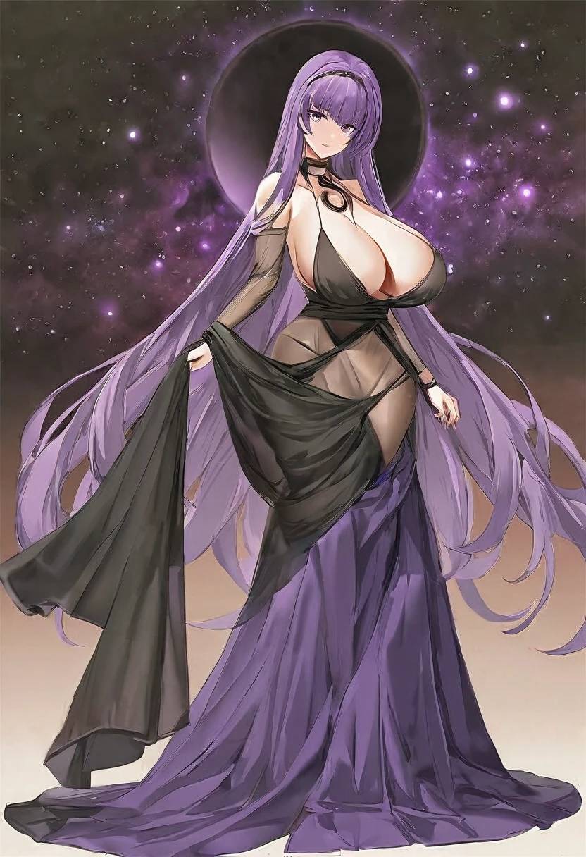 Athena，Extra long purple hair，Purple Eyes，Wearing black silk，Purple long skirt，Black long skirt，But the long skirt is very sexy and revealing，There is no decoration on the head，A black hole in the universe，Purple and black black hole