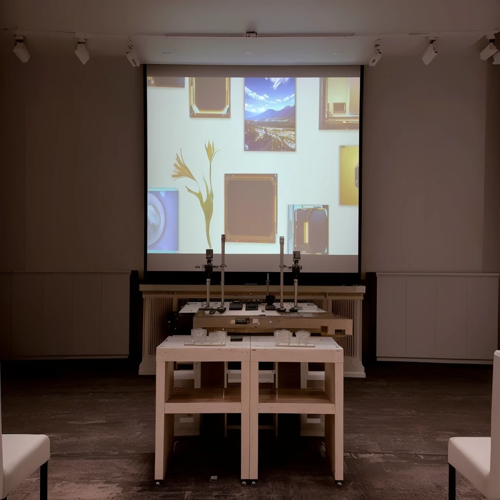 there is a The Big Picture in the middle of a room with chairs, masterpiece work of art, Projection Design Installation, gallery setting, large format image, Wall Digital Screen, masterpiece, Big video wall, movie, The Big Picture, Hyperrealism 8K, Hyperrealism 8 K, photo of the cinema screen, Widescreen Format, video art, Indoor Settings