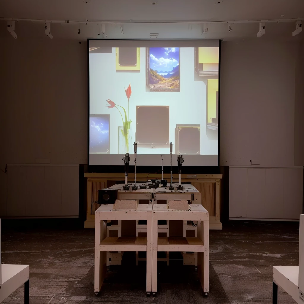 there is a The Big Picture in the middle of a room with chairs, masterpiece work of art, Projection Design Installation, gallery setting, large format image, Wall Digital Screen, masterpiece, Big video wall, movie, The Big Picture, Hyperrealism 8K, Hyperrealism 8 K, photo of the cinema screen, Widescreen Format, video art, Indoor Settings
