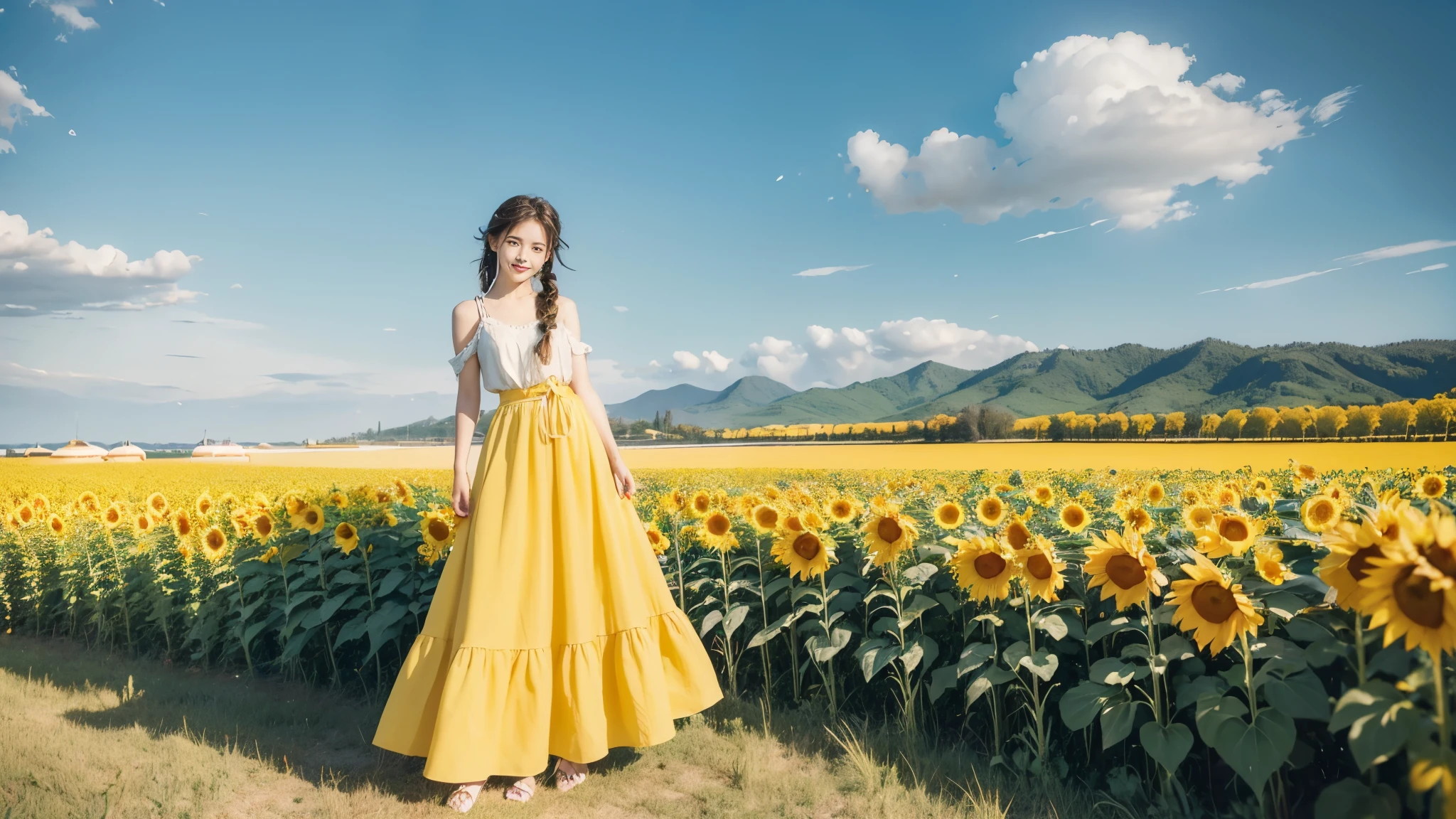 (((best quality))), (((ultra detailed))), (((masterpiece))), illustration, a picturesque scene of a beautiful Ukrainian girl standing amidst a field of sunflowers, short braided blonde hair, ((vibrant blue shirt,Maxi bright yellow skirt)),((standing,arms behind back,from front,upper body)),complementary attire, horizon as backdrop, brilliant shade of clear blue sky, stark contrast with yellow flowers, sea of yellow sunflowers, girl's presence adds intimacy, striking features, sharp piercing eyes, warm kindness, subtle smile, gentle nature, simplicity of beauty, natural setting, yellow dress cascading to ankles, fluttering in gentle breeze, short braids tied with colorful ribbons, playfulness, beauty in simplicity, girl standing out against vivid backdrop, harmonious fusion of nature's splendor and human grace, viewer captivated by girl's beauty, serenity of sunflower field, invites imagination of tranquility, away from chaos of everyday life, reminder of inherent beauty in world around us, waiting to be discovered