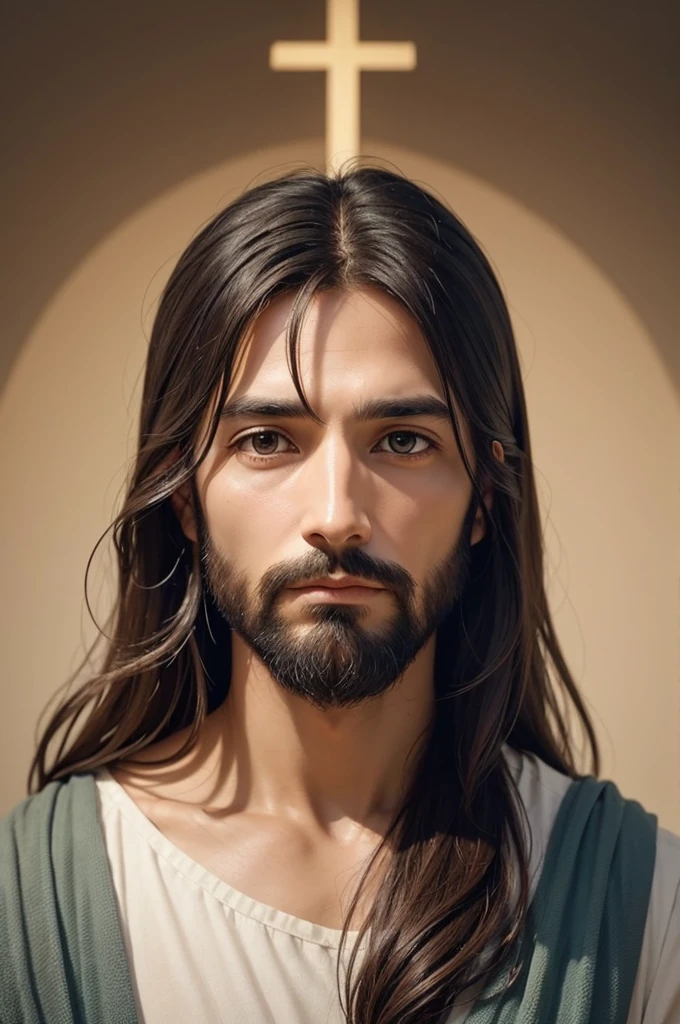 Create an image of Jesus Christ looking straight ahead. He should have a serene and compassionate expression, with eyes that convey love and wisdom. The background should be simple and soft, highlighting the central figure. The image should capture the essence of peace and spirituality.