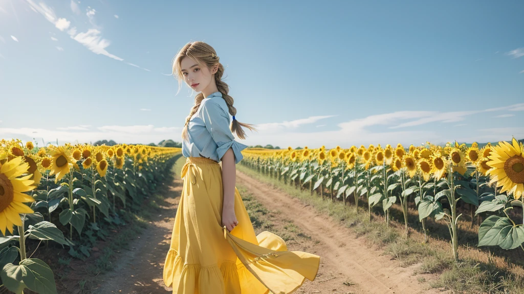 (((best quality))), (((ultra detailed))), (((masterpiece))), illustration, a picturesque scene of a beautiful Ukrainian girl standing amidst a field of sunflowers, short braided blonde hair, ((vibrant blue shirt,Maxi bright yellow skirt)),((standing,arms behind back,from front,upper body)),complementary attire, horizon as backdrop, brilliant shade of clear blue sky, stark contrast with yellow flowers, sea of yellow sunflowers, girl's presence adds intimacy, striking features, sharp piercing eyes, warm kindness, subtle smile, gentle nature, simplicity of beauty, natural setting, yellow dress cascading to ankles, fluttering in gentle breeze, short braids tied with colorful ribbons, playfulness, beauty in simplicity, girl standing out against vivid backdrop, harmonious fusion of nature's splendor and human grace, viewer captivated by girl's beauty, serenity of sunflower field, invites imagination of tranquility, away from chaos of everyday life, reminder of inherent beauty in world around us, waiting to be discovered