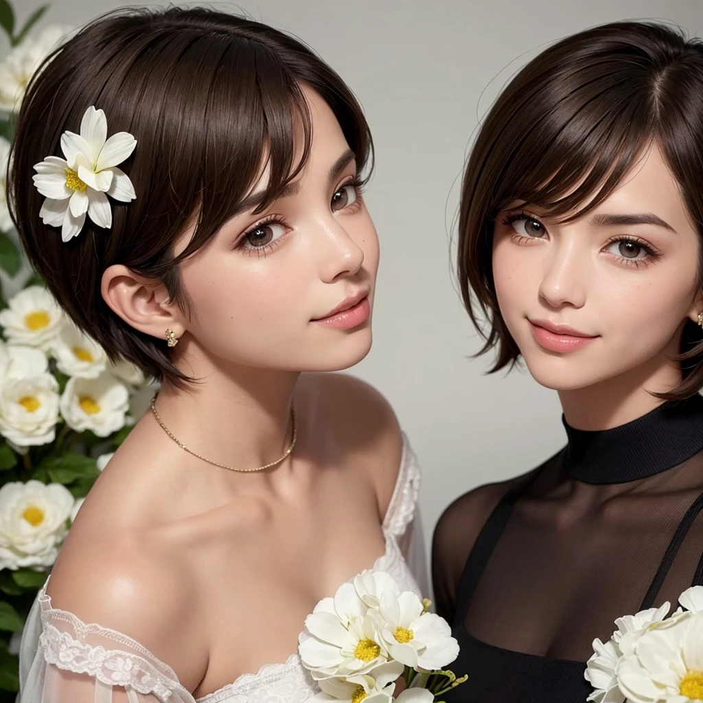 1 woman, super short hair like a man's, with the parting of the hair to the side, is coffee, Brown eyes, smiling, has a maternal aura, He is of medium build, she has a blouse with flowers, close up image for profile photo