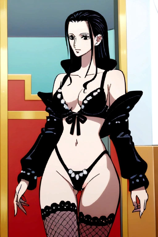 Nico Robin, long hair, black hair, medium breasts, bra decorated with flowers, small bloomed thong, Pussy dripping, lace stockings, Perfect picture, detailed, noon