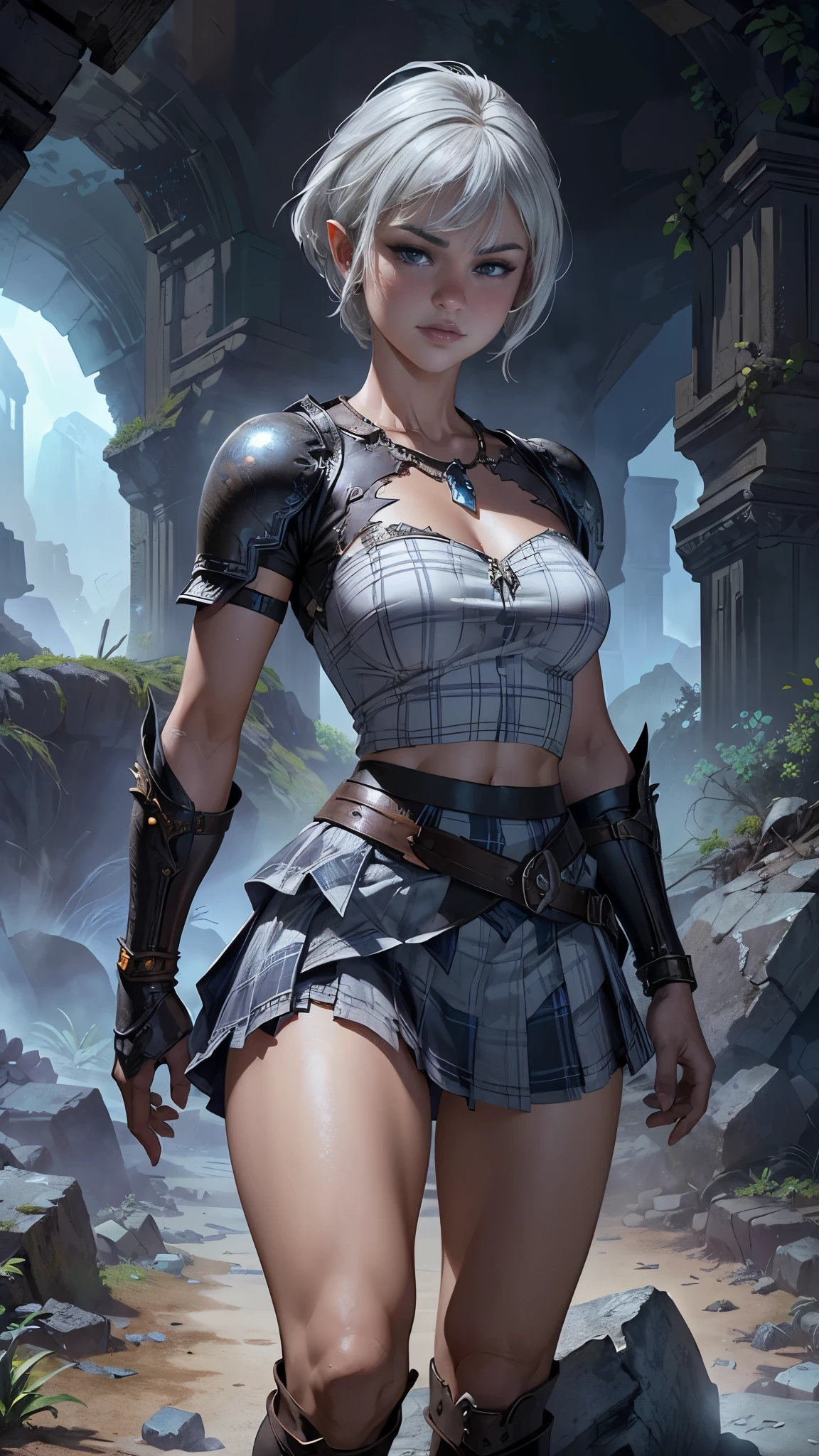 (La Best Quality,A high resolution,ultra-detailed,actual),Selena Gomez con falda corta de cuadros blanca shein , and a white plaid crop top , ,(Ruined dungeon ruins background:1.4 ),(White gray hair :1.4), 8K more detailed.unreal engine:1.4,UHD,La Best Quality:1.4, photorealistic:1.4, skin texture:1.4, Masterpiece:1.8,first job, Best Quality,object object], (detailed facial features:1.3),(The correct proportions),(beautiful blue eyes),  (cowboy pose),( Selena Gomez :1.4), (shein white plaid short skirt :1.4), Estilo de epic fantasy art HD, 4K fantasy art, epic fantasy digital art style, epic fantasy art style, fantasy woman, epic fantasy art portrait, epic fantasy style, hyperrealistic fantasy art, fantasy art in high definition, Epic fantasy character art., epic fantasy art, in dark fantasy art style, epic fantasy digital art, (perfect anatomy :1.4), (amazon warrior style :1.4), (background large wild plants :1.4), (black buffalo leather style :1.4), (background large stones cave cavern lava :1.4), (fantasy spooky enchanted forest night :1.4) 