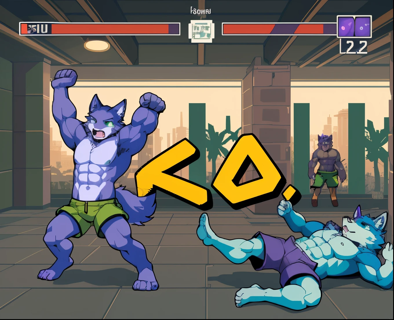 highres, absurdres(highly detailed beautiful face and eyes)perfect anatomy(kemono, furry anthro)(super handsome 2boys, pair, muscles ,abs)good lighting, cinematic shadow, detailed background, User Interface of Fighting game, dots game, pixel art, dungeon, Crisis, assorted poses, assorted expression, full body, sound effects, motion blur, from side, ((blue wolf, reddish-brown fur, gray shorts, knocked out on the floor)), (((purple wolf, green shorts, arms raised in victory))) “VS”
