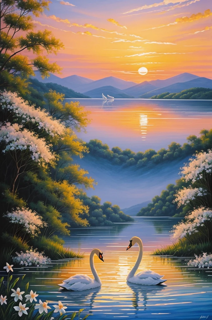 Sunset painting with two swans with white flowers around them